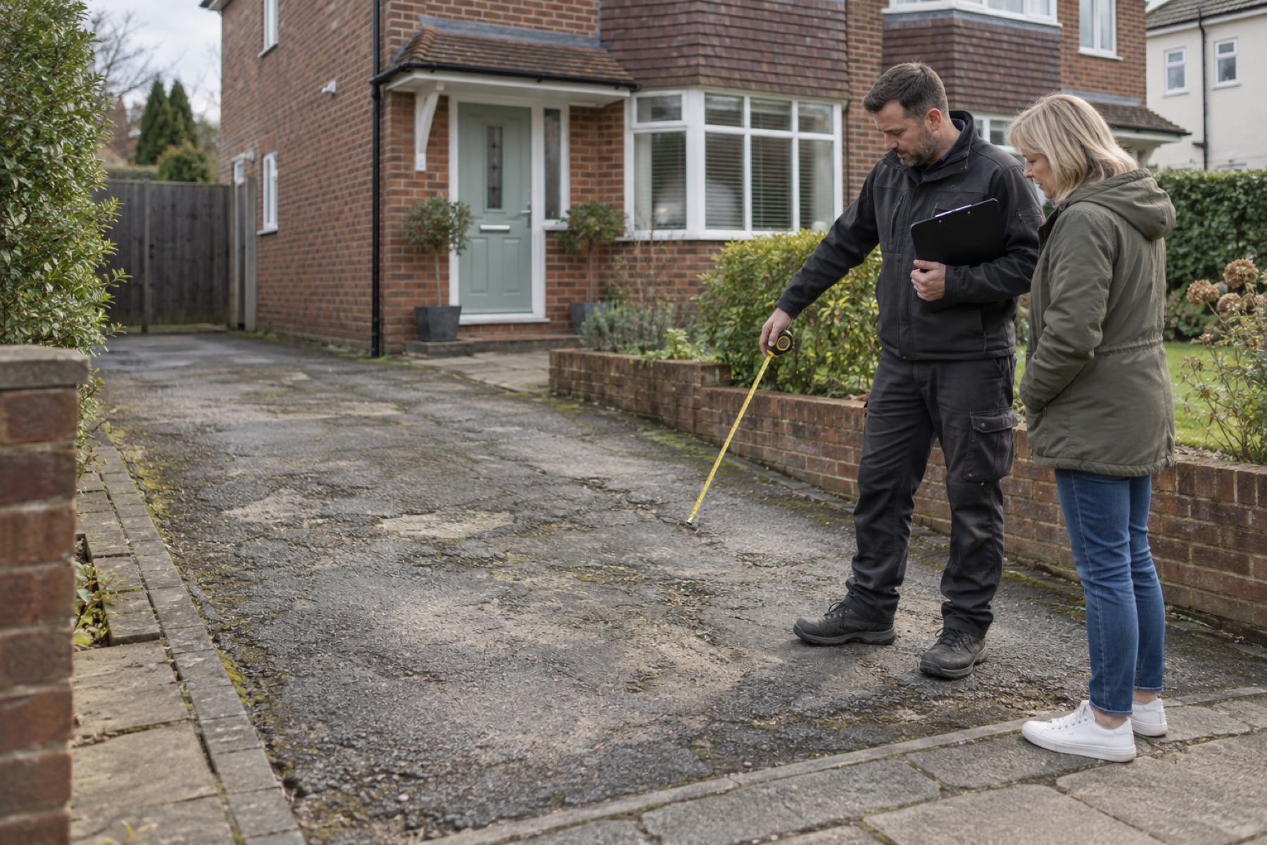 A driveway contractor measuring a project with the homeowner